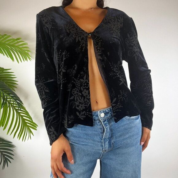 Vintage 90s Black Whimsigoth Fairy Grunge Floral Velvet Open Belly Top /Sz: 10 - Picture 4 of 6